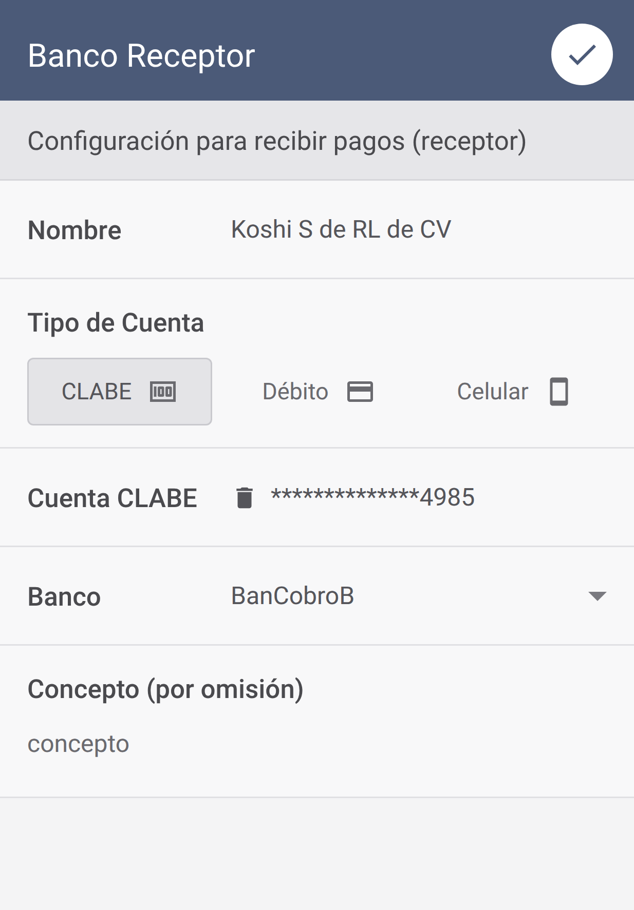 Configuración de CLABE y banco